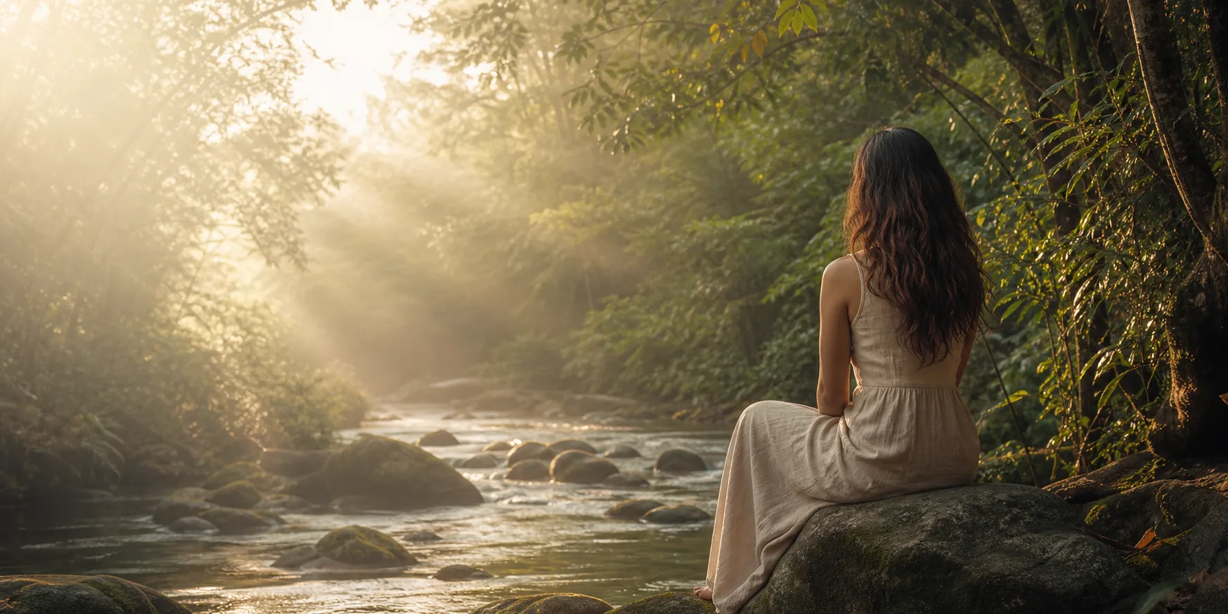 Mulher em momento de reconexão junto a um riacho na floresta