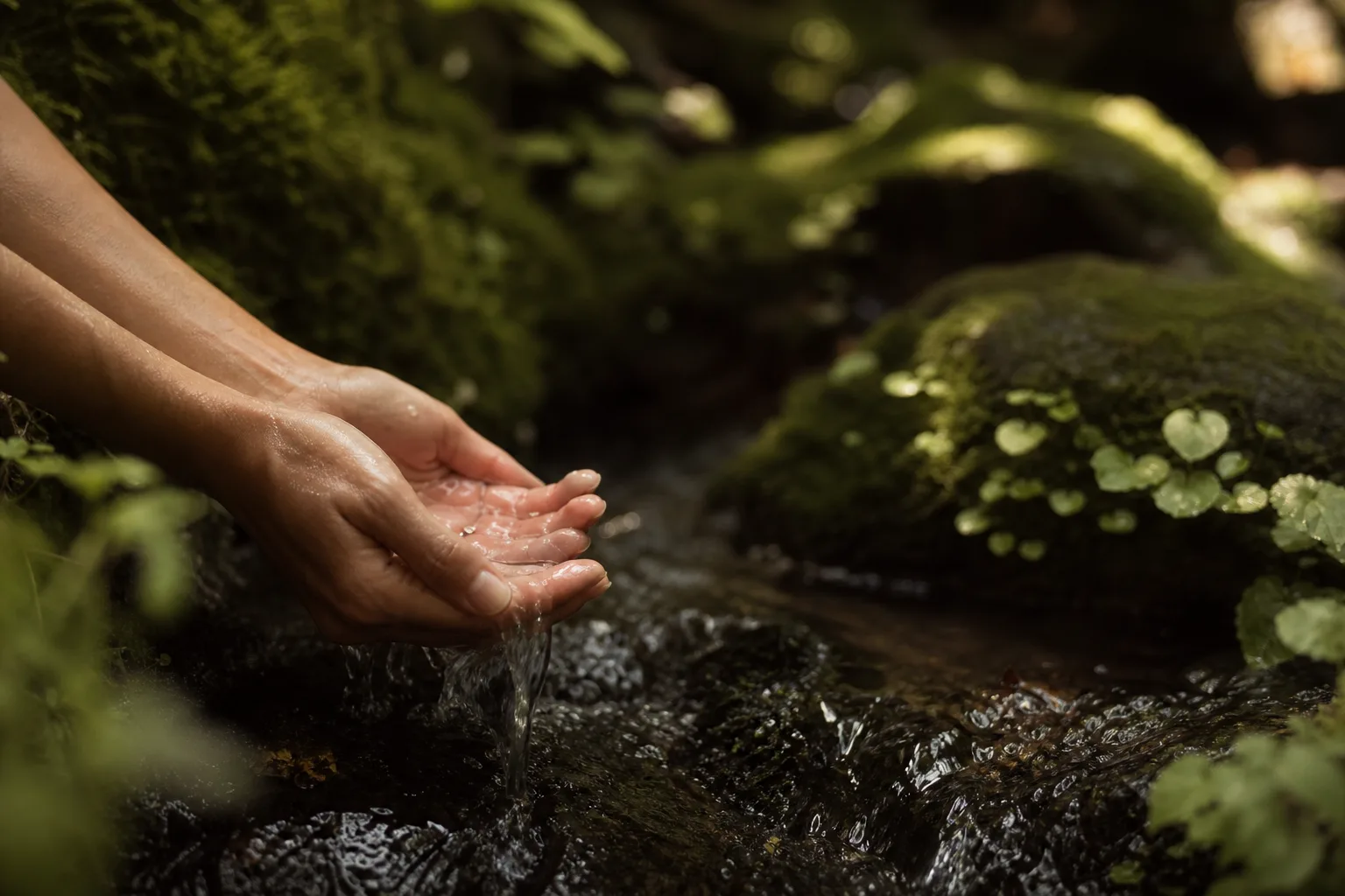 Mãos em contato com a água cristalina da floresta