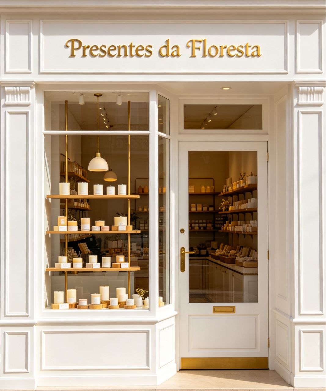 Fachada vintage charmosa do Presentes da Floresta com vitrine clara e detalhes dourados