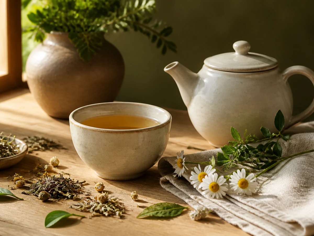 Xícara, bule, ervas e flores em uma mesa de madeira clara