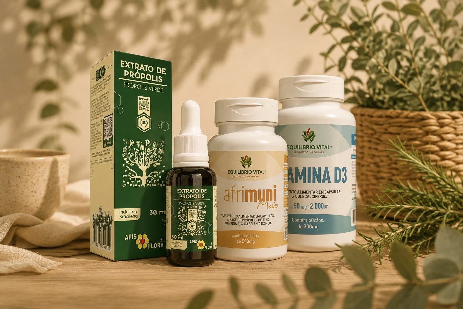 Extrato de própolis, Afrimuni Mais e Vitamina D3 sobre mesa de madeira com chá, cesto e folhagens