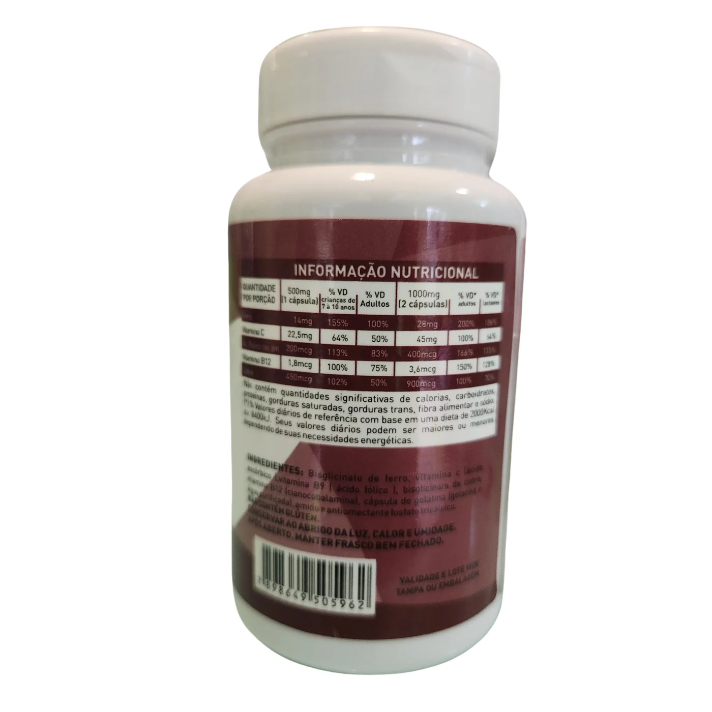 Ferro Complex *Quelato* Com Vit C, B9, B12 e Cobre 60 cápsulas Equilibrio — verso