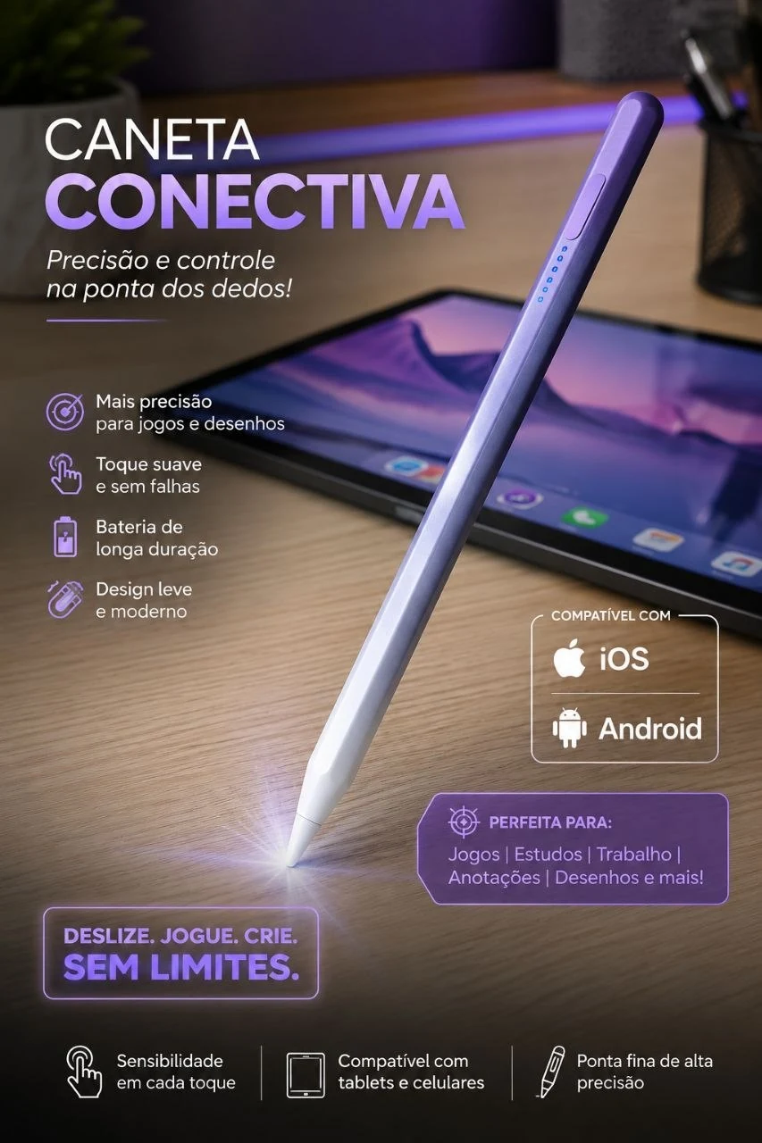 Anúncio da caneta conectiva para telas, compatível com celulares e tablets